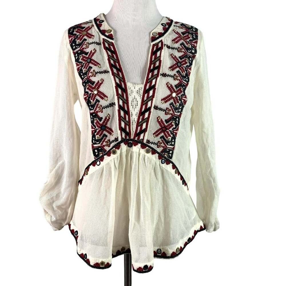 🟣🟣 AKEMI & KIN Women's Size Small Boho Embroidered Sheer Tab Rolled Sleeve Blo